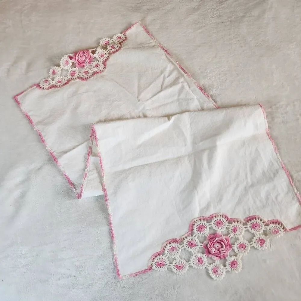 Vintage White Cotton Table Runner With Crocheted Edges